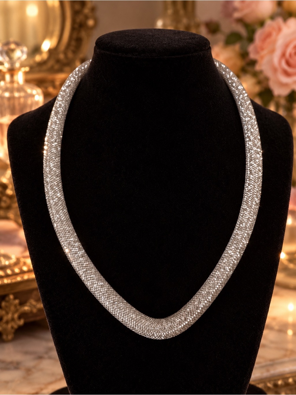 Swarovski Stardust Silver Crystal Mesh Necklace, 16”